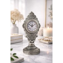 Pileli Store Büyük Boy Gümüş Klasik Masa Saati | Taşlı Çerçeve Metal Kaplama Koleksiyonluk Klasik Saat 29 cm