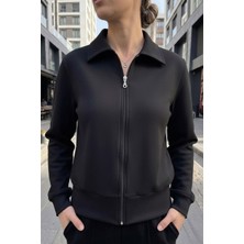 Evavi Kadın Siyah Fermuarlı Yakalı Sweatshirt