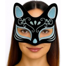 Pileli Store Siyah Renk Süet Kaplama Üzeri Gümüş Mavi Simli Kedi Maskesi 17X14 cm