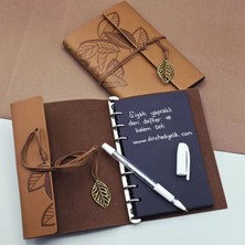 Pileli Store Pilelistore- Siyah Yapraklı Deri Defter ve Beyaz Jel Kalem Seti