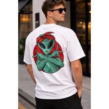 Zueofficial Alien Gangsta Baskılı Beyaz Oversize Tişört %100 Pamuk Erkek Basic Rahat Kalıp Streetwear