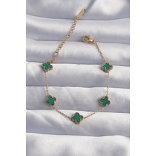 Pileli Store Pilelistore  316L Çelik Baby Boy Gold Renk Çizgili Yeşil Mineli Yonca Bileklik