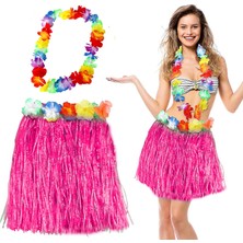 İlanib Ticaret Mey Ithalat® Hawaii Luau Aloha Pembe Püsküllü 40 cm Etek ve Hawaii Kolye Seti
