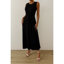 Kadın Sıfır Kollu Bisiklet Yaka Yandan Büzgü Detaylı Viskon Elbise