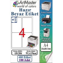 ArtMaster A4 Hazır Beyaz Etiket 99.1X139MM 100 Sayfa 1 Paket 4 Lü Kendinden Yapışkanlı Fotokopi Lazer Inkjet Kağıdı Yazıcılar Için