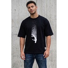 Zueofficial Erkek Siyah Oversize Sırt Baskılı Günlük Bisiklet Yaka Basic T-Shirt