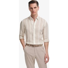 Cacharel Erkek Bej Regular Fit %100 Keten Yakası Düğmeli Çizgili Gömlek 50326163-VR011