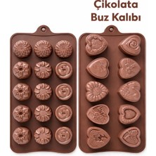 Evolis Kitchen 2 Adet Isıya Dayanıklı Yanmaz Yapışmaz Silikon Çiçek  ve Kalp Desenli  Kahverengi Çikolata ve Buzkalıbı