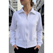 Evavi Kadın Beyaz Fermuarlı Yakalı Sweatshirt
