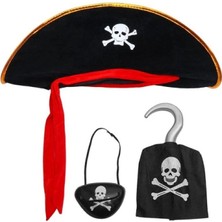 Pileli Store Kadife Kaptan Jack Korsan Şapkası Korsan Eli ve Korsan Göz Maskesi Çocuk Boy