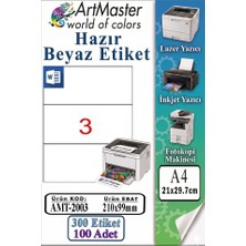 ArtMaster A4 Hazır Beyaz Etiket 210X99 mm 100 Sayfa 1 Paket 3 Lü Kendinden Yapışkanlı Fotokopi Lazer Inkjet Kağıdı Yazıcılar Için