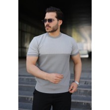 Erkek Renk Bloklu Bisiklet Yaka Kısa Kollu Triko Tişört