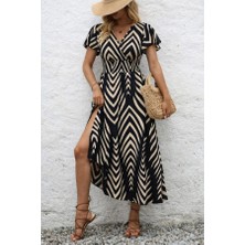 Kadın Kısa Fırfır Kollu Kruvaze Yakalı Beli Lastikli Desenli Uzun Elbise