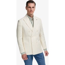 Cacharel Erkek Beyaz Slim Fit Yün Keten Karışımlı Balıksırtı Kırlangıç Yaka Kruvaze Ceket 50319112-VR013