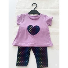 Lina Baby Bloomm Kız Bebek Mor Kalpli Tişört Tayt Takım Renkli Desenli Yazlık Kombin