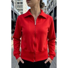 Evavi Kadın Kırmızı Fermuarlı Yakalı Sweatshirt