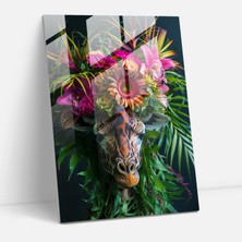 Popcasso Frida Kahlo Tarzı Temperli Cam Tablo - Modern Sanat, Canlı Yeşillikler ve Çiçek Tacı