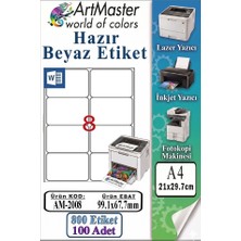 ArtMaster A4 Hazır Beyaz Etiket 99.1X67.7MM 100 Sayfa 1 Paket 8 Li Kendinden Yapışkanlı Fotokopi Lazer Inkjet Kağıdı Yazıcılarla