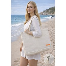 Bybag Premium Ham Bez Plaj Çantası Büyük Boy Fermuarlı 2 Cepli Körüklü Omuz Kol Çantası 45X40 cm
