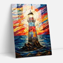 Popcasso Renkli Deniz Feneri Cam Duvar Tablosu - Deniz Feneri Işık Demetleri ile Stained Glass Tasarım