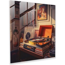 Popcasso Retro Müzik Köşesi Temperli Cam Tablo - Vintage Plaklar ile Modern Sanat Teması