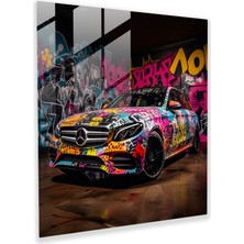 Popcasso Grafiti Temalı Cam Tablo - Modern Sanat ile Şehir Manzarası ve Araç Tasarımı