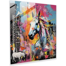 Popcasso Şehirli Unicorn Temperli Cam Tablo - Modern Kolaj ile Canlı Dokular