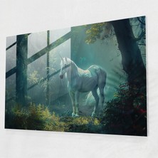 Popcasso Pre-Raphaelite Brotherhood Cam Tablo Muhteşem Unicorn - Büyülü Orman Temalı Cam Duvar Tablosu