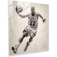 Popcasso Michael Jordan Temalı Cam Duvar Tablosu - Gerçekçi Kalem Eskizi ile Modern Duvar Dekoru
