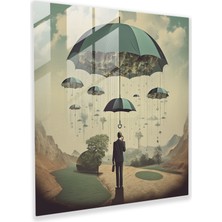 Popcasso Yüzen Şemsiye Temperli Cam Tablo - Yağmur Teması Surrealist Koleksiyon