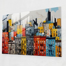 Popcasso Soyut Kent Manzarası Temperli Cam Tablo - Modern Sanat ile Canlı Mimarlık Teması