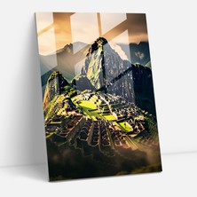 Popcasso Inka Medeniyeti Cam Tablosu - Minimalist Machu Picchu Temalı Duvar Tablosu - Maya Tarzı Ev Dekoru