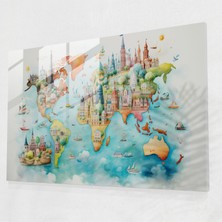 Popcasso Dünya Haritası Modern Sanat Cam Tablo - Oyuncu Renklerle Dekoratif Tasarım