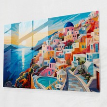Popcasso Santorini Manzarası Cam Duvar Tablosu: Modern Sanat Temalı Canlı Kompozisyonlar - Pop Sanat Esintileri
