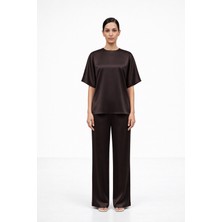 Iperia Kısa Kollu Saten Bluz ve Pantolon Ikili Takım Kahverengi