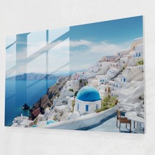 Popcasso Santorini Temalı Cam Tablo - Modern Sanat Ege Denizi Dekorasyonu