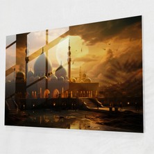 Popcasso Altın Rengi Islam Hat Sanatı Cam Tablo - Akşam Vakti Cami Manzarası - Modern Sanat Temalı Dekoratif Tablo
