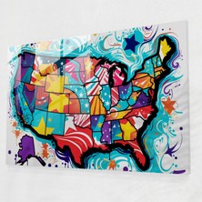 Popcasso Pop Art Amerika Birleşik Devletleri Haritası Temperli Cam Tablo - Çizgi Roman Tarzında Duvar Dekoru