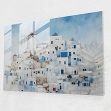 Popcasso Santorini Teması Ile Mavi Kubbeler ve Rüzgar Değirmenleri Dekoratif Cam Tablo