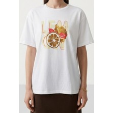 Iperia Ekru %100 Pamuk Lemon Baskılı Oversize  T-Shirt