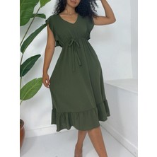 Moda Morfo Omuzu Fırfırlı Beli Lastikli Sıfır Kol Midi Boy Ayrobin Elbise  -Haki
