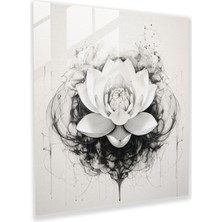 Popcasso Zen Lotus Temperli Cam Tablo - Monokrom Mürekkep Çizimi ile Duvar Dekorasyonu