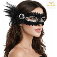 Nacario Mey Ithalat® Siyah Taşlı Venedik Parti Maskesi – Tüylü Payetli