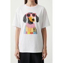 Iperia Ekru %100 Pamuk Köpek Baskılı Oversize T-Shirt