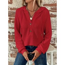 Kadın Uzun Kollu Kapşonlu Önü Düğmeli ve Bağcıklı Waffle Bluz