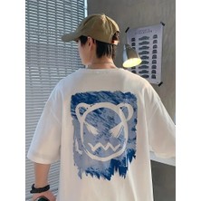 Asmedo Erkek Tişört Bisiklet Yaka Kore Sevimli Ayı Baskı Kısa Kol T-Shirt  - Beyaz