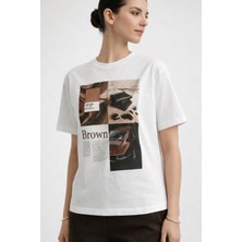 Iperia  Ekru %100 Pamuk Chocolate Baskılı Oversize T-Shirt