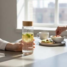 Cekar Store Cam Su Şişesi, Bambu Kapaklı, Ölçü Baskılı, 800 ml
