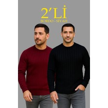 Asmedo Erkek Fitilli Triko Kazak 2’li Set Siyah Bordo Kalın Dokuma Pamuklu Regular Fit Bisiklet