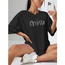 Asmedo Kadın Baskılı T-Shirt Kısa Kol Bisiklet Yaka Oversize Rahat Kalıp Tişört - Siyah